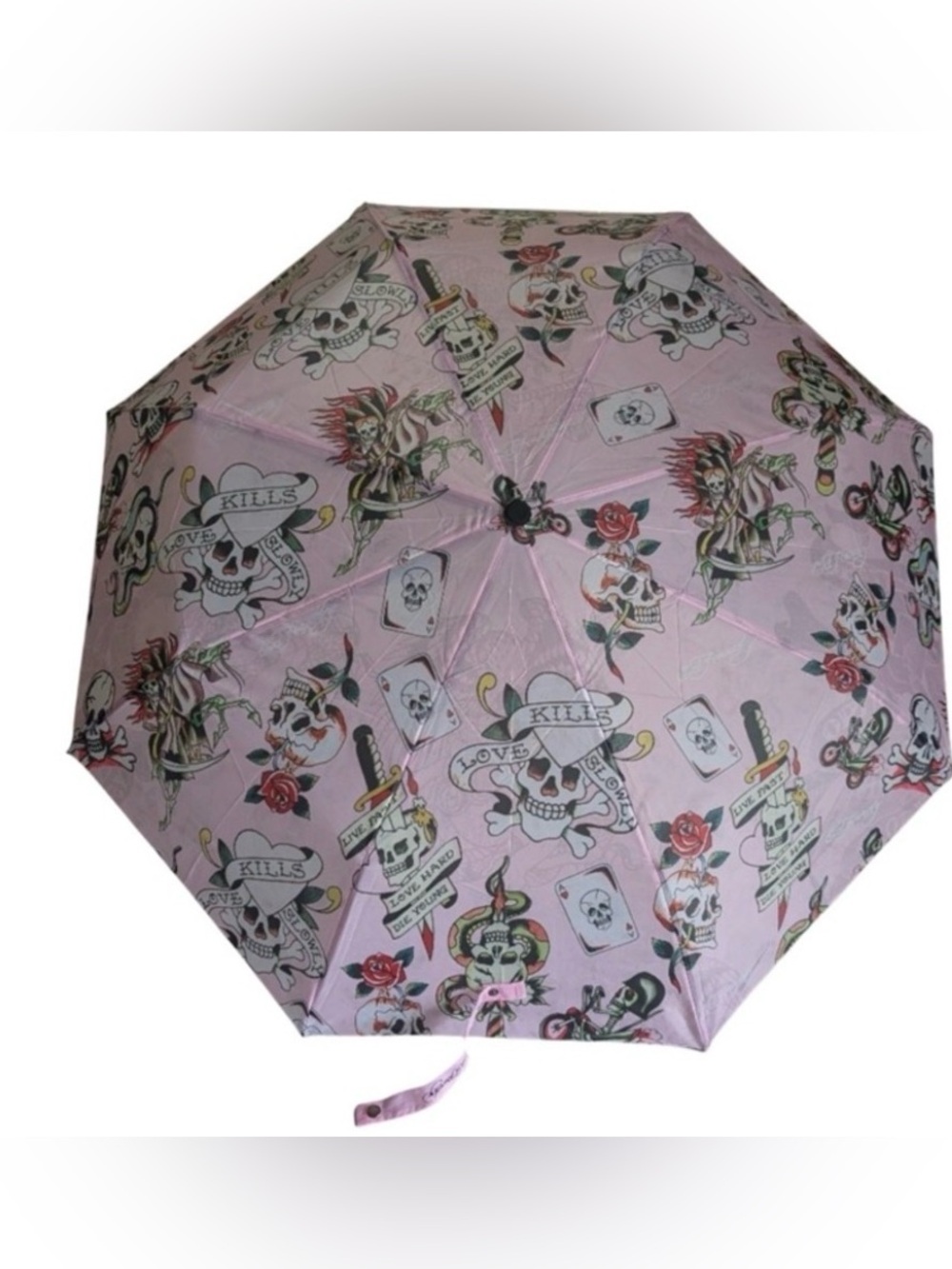 Ed Hardy Pink Tattoo Print Compact Umbrella, "DEATH BEFORE DISHONOR " motif. NWT